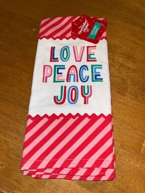 December Home Love Peace Joy Striped Pink Red Stripe 100% Cotton Kitchen Towel